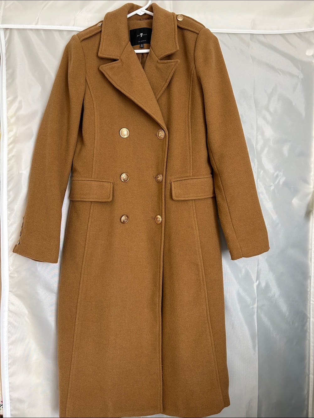 7 For All Mankind Camel Brown Double-Breasted Wool Pea Coat